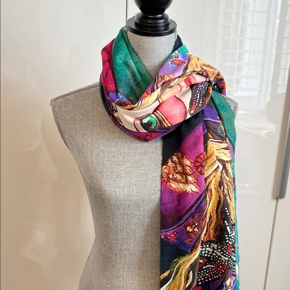 NWOT Colorful Artistic Lady Dog Wool Blend Double Sided Fabric Large Scarf - Picture 5 of 12